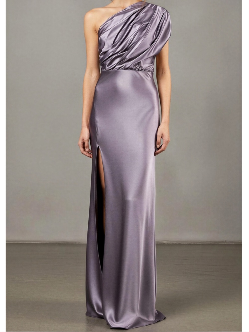 MICHELLE MASON Asymmetrical Open Back One Shoulder Silk Satin Gown, Mauve, 0(US)